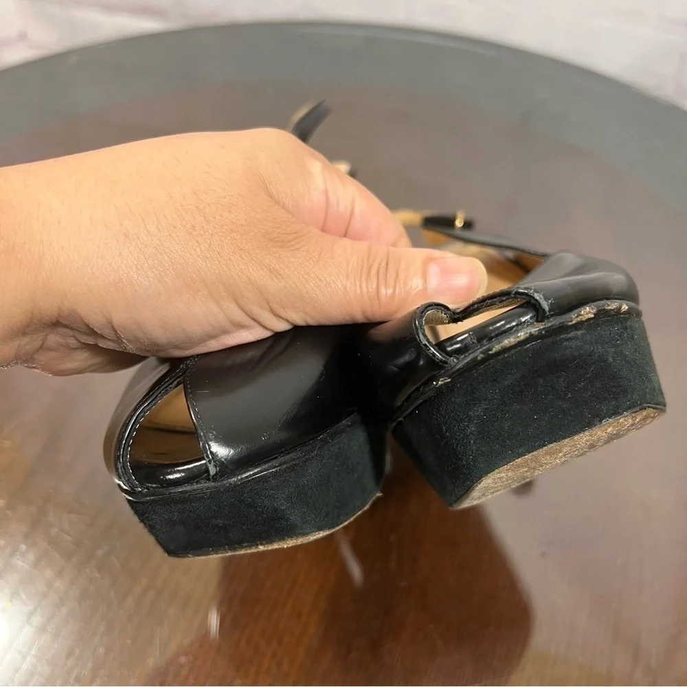 YSL Patent & Calf Leather peep toe sling back pumps 37 GUC sexy chic vintage